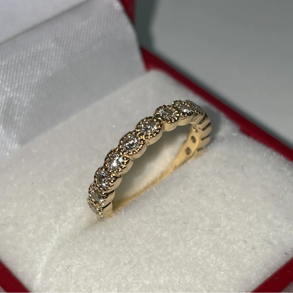 Solid Stamped 14K Yellow Gold Natural Diamond Semi Eternity Round Bead Band Ring